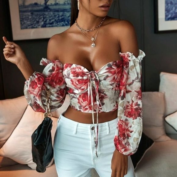 . Tops - Floral Shirred Off Shoulder Crop Blouse